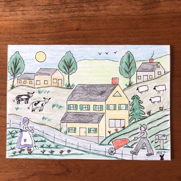 Set Of 5 Vintage Blank Cards Folk Art Original Print Envelopes & Butterfly - Picture 4 of 10